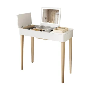 Kaptafel met spiegel, kaptafel met lamp, poten van massief hout, wit