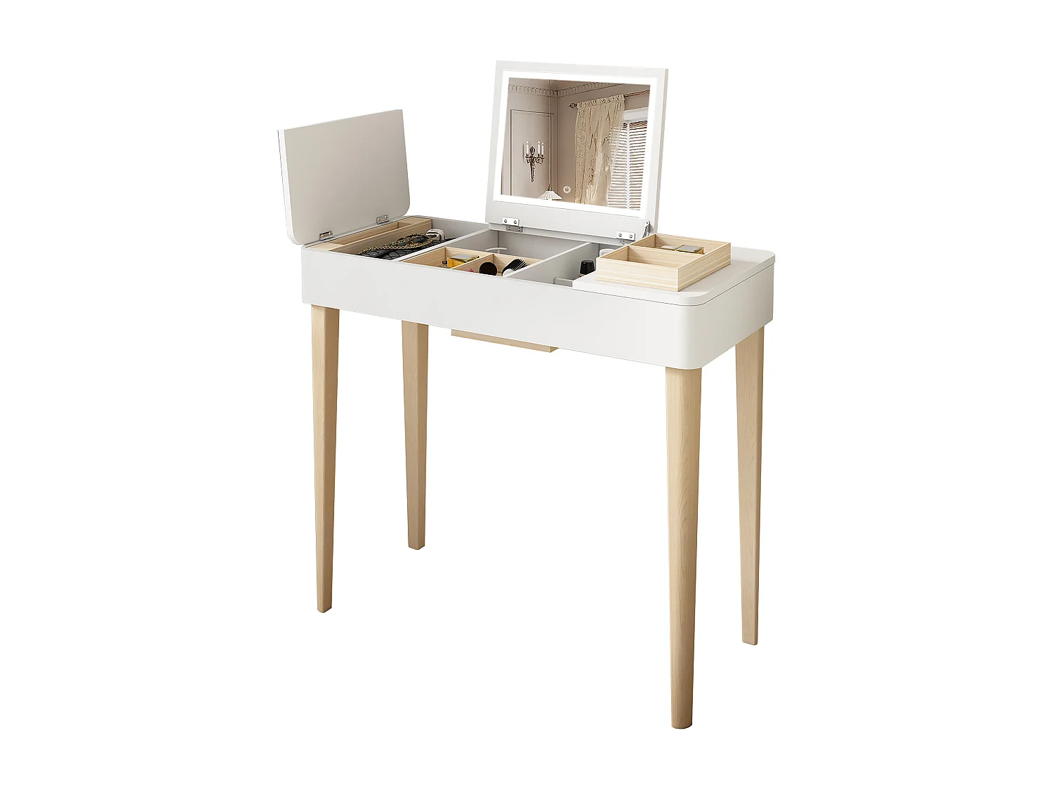 Kaptafel met spiegel, kaptafel met lamp, poten van massief hout, wit