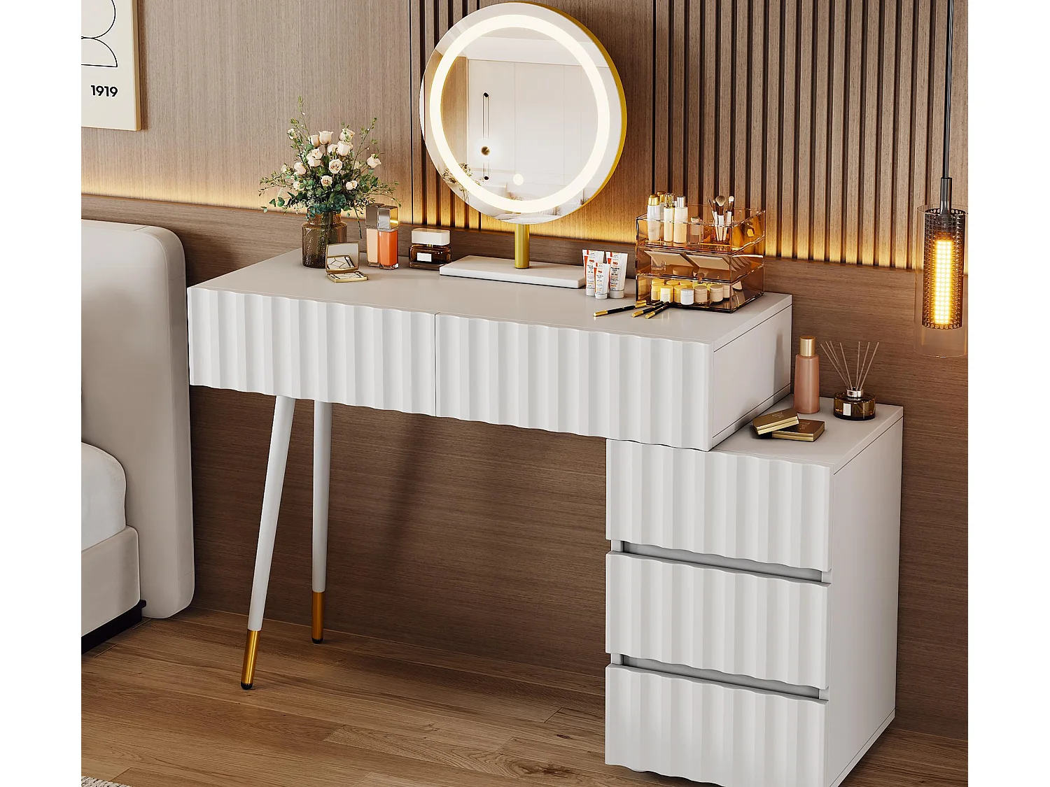 Kaptafel met LED-verlichting 100×40×127 cm - met 5 laden - wit