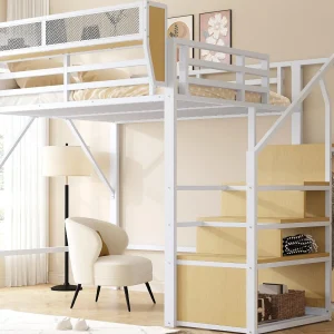 Hoogslaper 140×200 cm – met ladder – modulaire opbergruimte – metaal – wit (zonder matras) Hoogslaper 140×200 cm – met ladder – modulaire opbergruimte – metaal – wit (zonder matras)