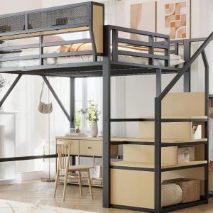 Hoogslaper 140×200 cm – met ladder – modulaire opbergruimte – metaal – zwart (zonder matras) Hoogslaper 140×200 cm – met ladder – modulaire opbergruimte – metaal – zwart (zonder matras)