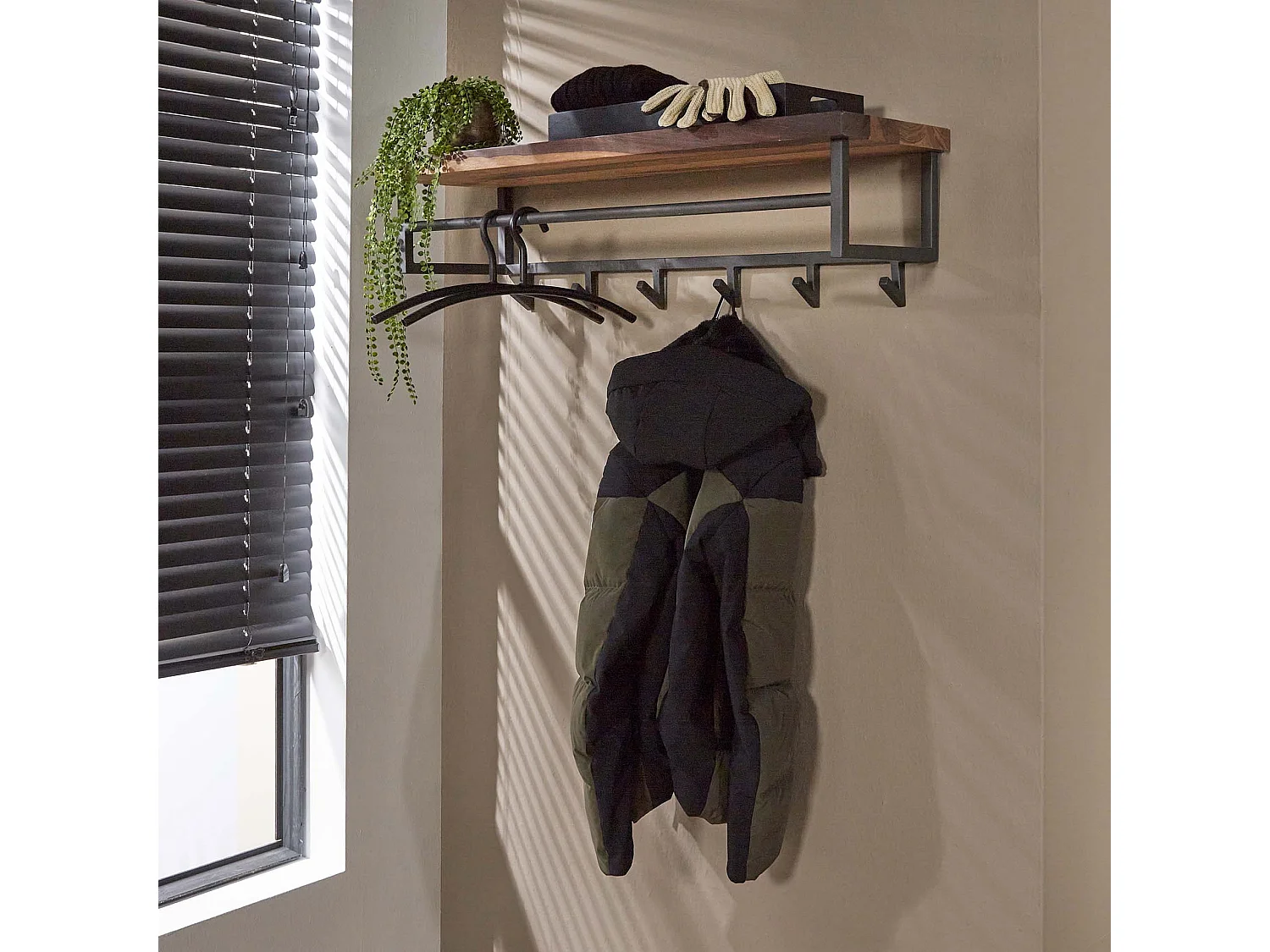 Kapstok Daytona met 6 Haken - Hoedenplank - Massief Saja hout - Bruin - 100x30x27