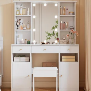 Kaptafel met spiegel – met krukje – met verstelbare LED-verlichting – 2 deuren en 3 laden – wit
