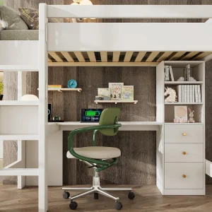 Hoogslaapbed 90×200 cm – met USB en Type-C – met L-vormig bureau, planken en lades – met veiligheidshekken – wit (zonder matras)