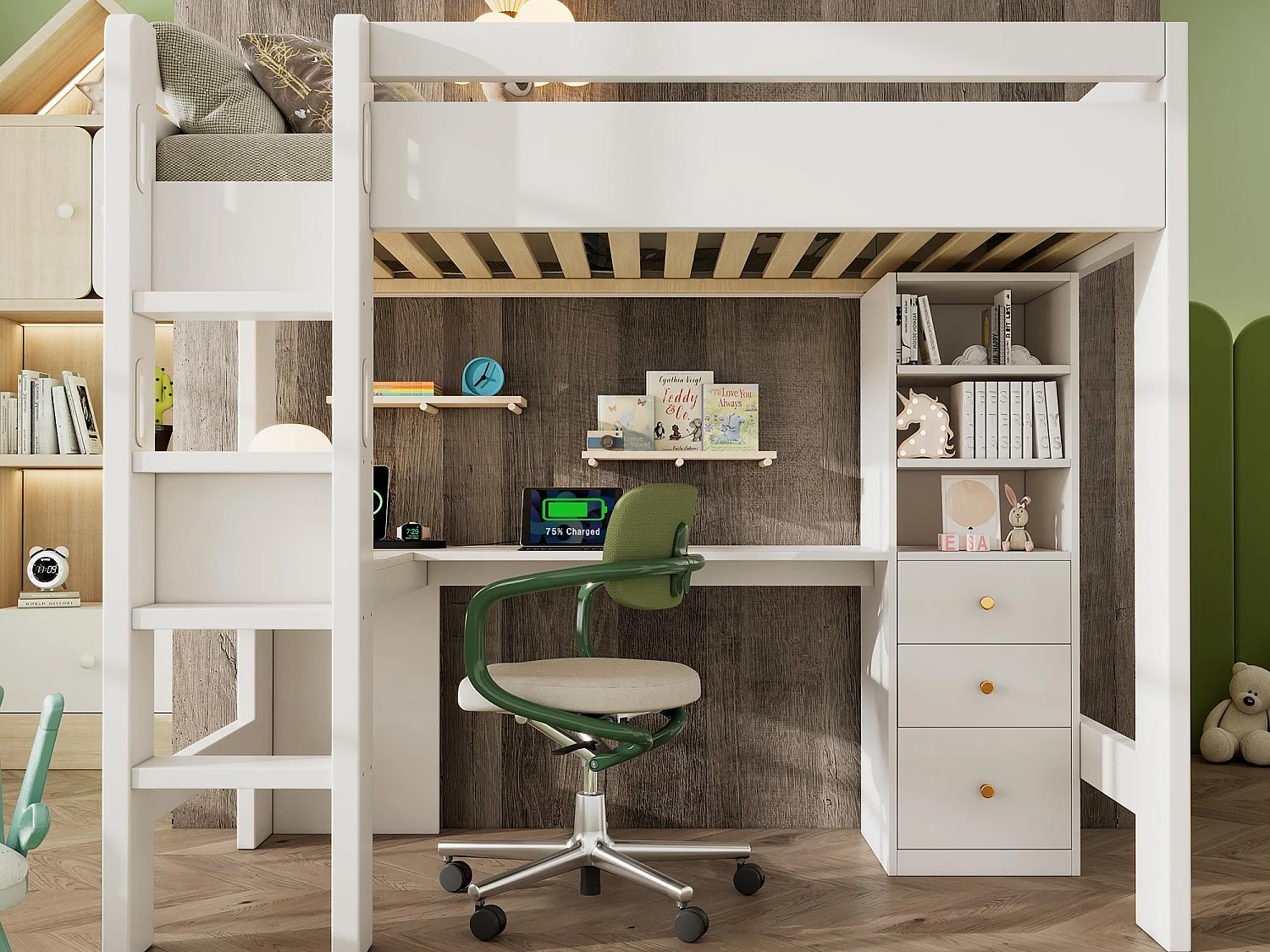 Hoogslaapbed 90x200 cm - met USB en Type-C - met L-vormig bureau, planken en lades - met veiligheidshekken - wit (zonder matras)