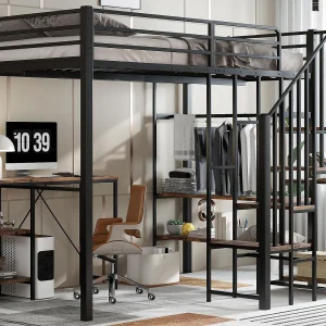 Hoogslaapbed 120×200 cm – met bureau en plank – met open kast – veiligheidstrap met 4 treden – Zwart + Natuurlijk (zonder matras)