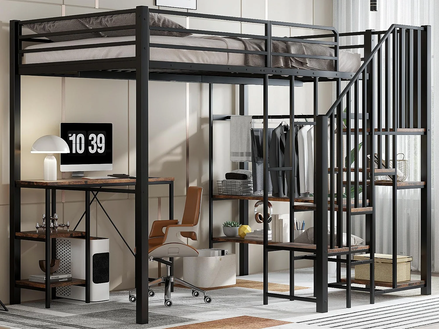 Hoogslaapbed 120x200 cm - met bureau en plank - met open kast - veiligheidstrap met 4 treden - Zwart + Natuurlijk (zonder matras)