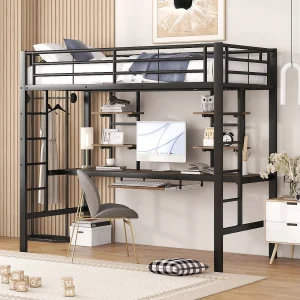 Hoogslaper voor kinderen 90×200 cm met bureau en trap, metaal + MDF, zwart, zonder matras Hoogslaper voor kinderen 90×200 cm met bureau en trap, metaal + MDF, zwart, zonder matras