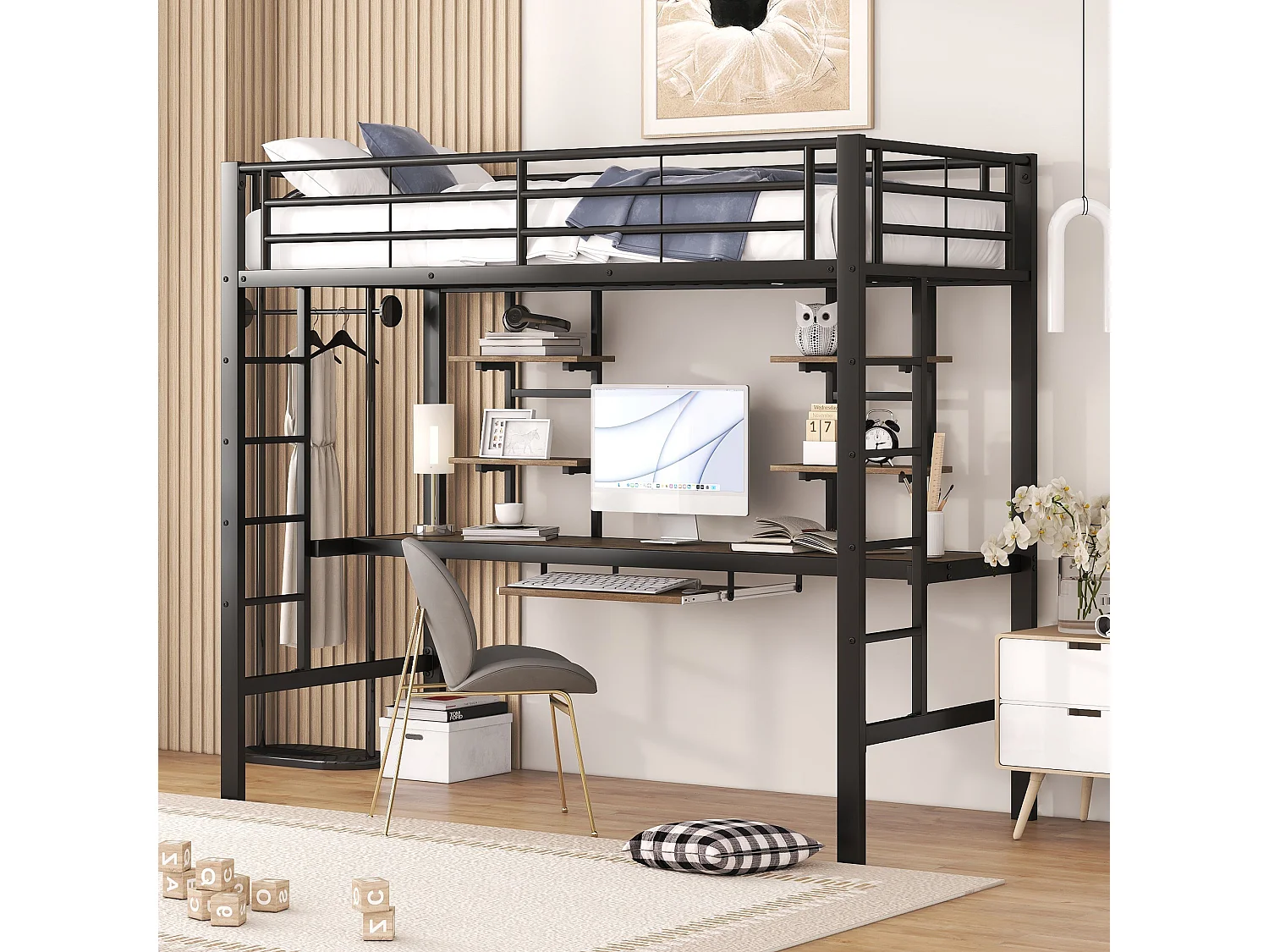 Hoogslaper voor kinderen 90x200 cm met bureau en trap, metaal + MDF, zwart, zonder matras