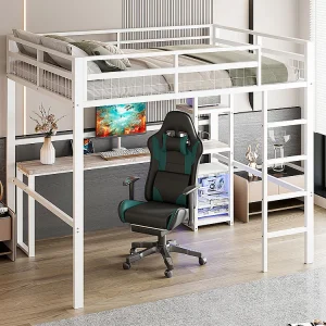 Hoogslaper 140×200 van wit metaal met bureau, meerdere planken, USB-poort type C, ladder, leuning, zonder matras Hoogslaper 140×200 van wit metaal met bureau, meerdere planken, USB-poort type C, ladder, leuning, zonder matras