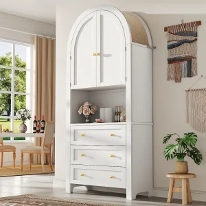 Hoge opbergkast – 70 x 35 x 180 cm – gebogen met 3 laden en 2 deuren – MDF – wit