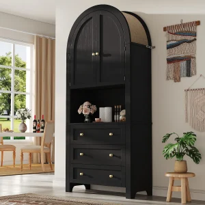 Hoge opbergkast – 70 x 35 x 180 cm – gebogen met 3 laden en 2 deuren – MDF – zwart