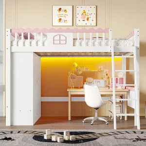 Hoogslaper 90x200cm, kinderbed, met LED-verlichting, met kleerkast, met opbergladen, EN747-conform, grenen, wit Hoogslaper 90x200cm, kinderbed, met LED-verlichting, met kleerkast, met opbergladen, EN747-conform, grenen, wit