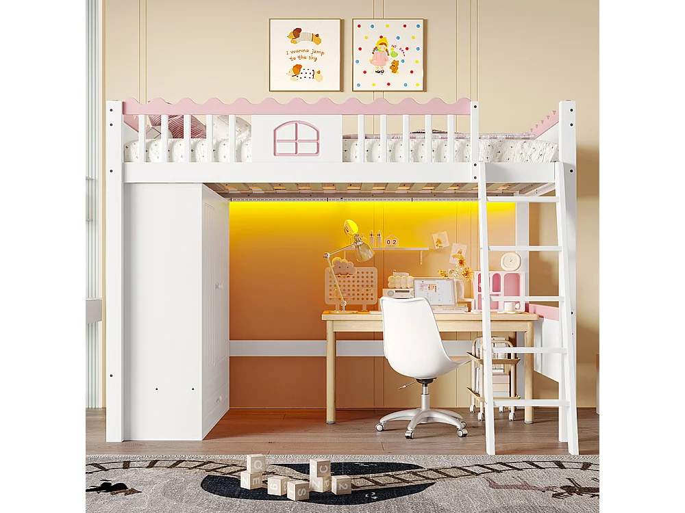 Hoogslaper 90x200cm, kinderbed, met LED-verlichting, met kleerkast, met opbergladen, EN747-conform, grenen, wit