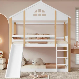 Stapelbed van massief hout met ladder en glijbaan – 90×200 cm – Wit Stapelbed van massief hout met ladder en glijbaan – 90×200 cm – Wit
