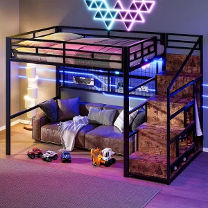 Hoogslaper 140×200 van zwart metaal met opbergkast ladder hangend rooster ruimte onder het bed LED-verlichting 7 kleuren Hoogslaper 140×200 van zwart metaal met opbergkast ladder hangend rooster ruimte onder het bed LED-verlichting 7 kleuren