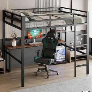 Hoogslaper 140×200 van zwart metaal met bureau, meerdere planken, USB-poort type C, ladder, leuning, zonder matras Hoogslaper 140×200 van zwart metaal met bureau, meerdere planken, USB-poort type C, ladder, leuning, zonder matras
