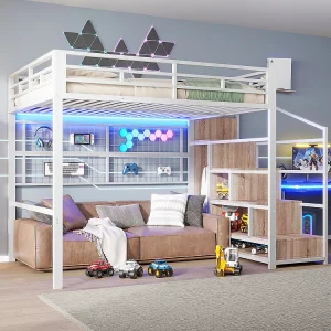 Hoogslaper 140×200 van wit metaal met opbergkast ladder hangend rooster ruimte onder het bed LED-verlichting 7 kleuren Hoogslaper 140×200 van wit metaal met opbergkast ladder hangend rooster ruimte onder het bed LED-verlichting 7 kleuren