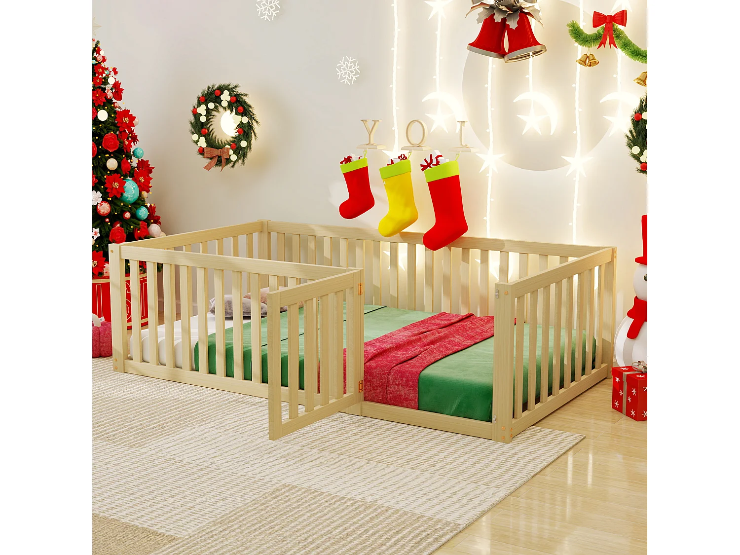 Houten kinderbed 90x200 cm naturel met veiligheidsframe en deur, zonder matras