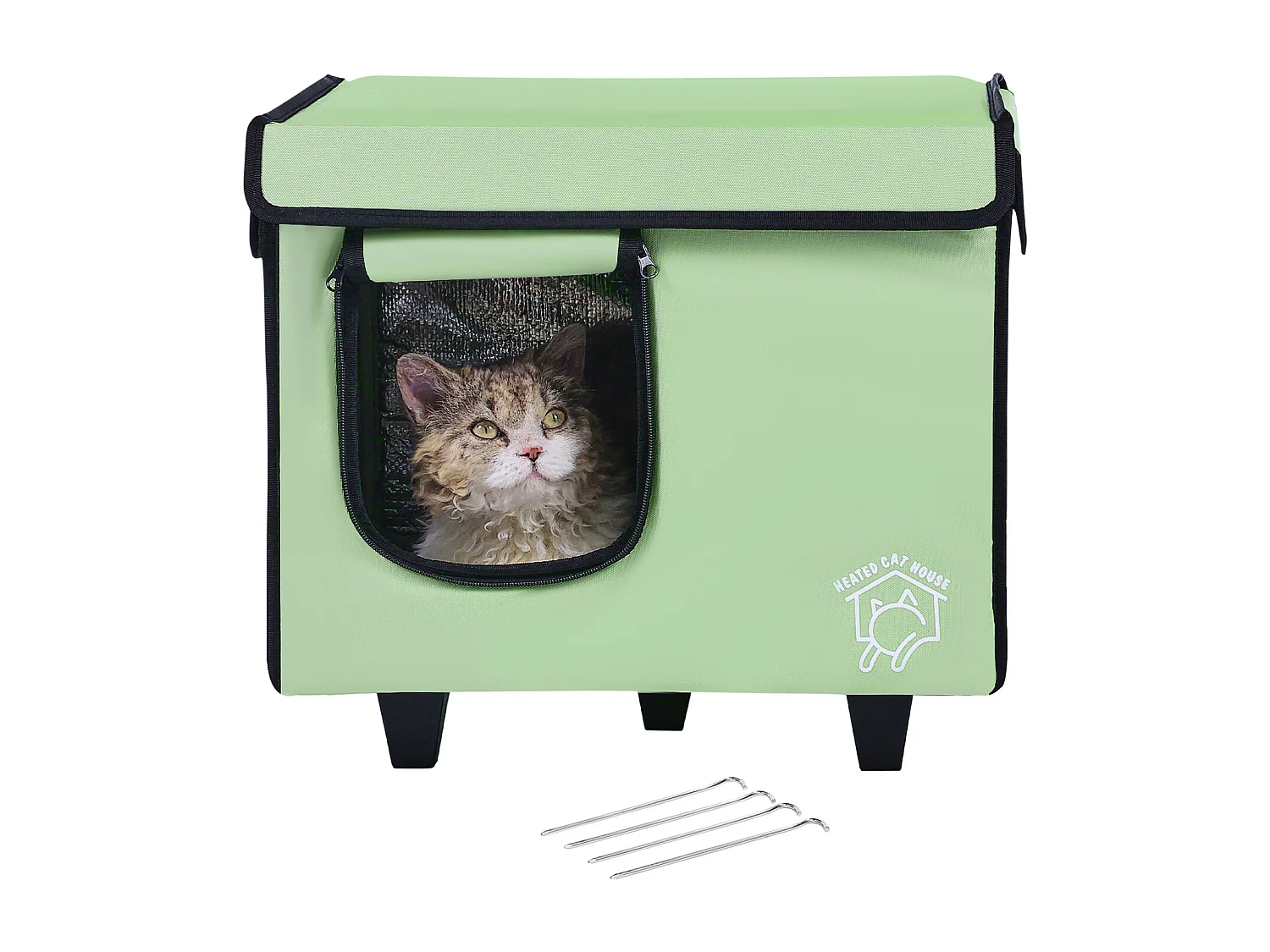 Kattenhuis, SucceBuy Verhoogd en Verwarmd Kattenhuis, Klein, Groen, met Verwarmingsmat