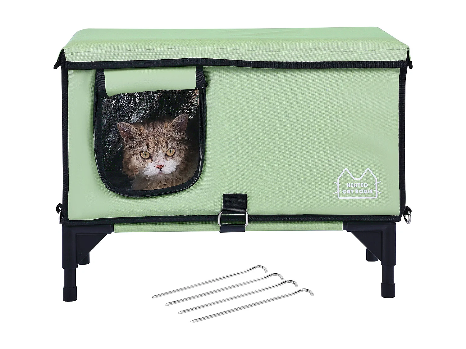 Kattenhuis, SucceBuy Cuboid Green (M) Verhoogd en Verwarmd Kattenhuis met Verwarmingsmat