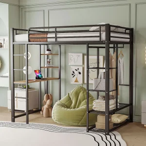 Hoogslaper kind 90×200 cm van zwart metaal met bureau, trap en plank, lattenbodem inbegrepen, zonder matras Hoogslaper kind 90×200 cm van zwart metaal met bureau, trap en plank, lattenbodem inbegrepen, zonder matras