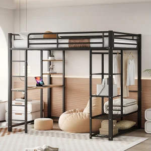 Hoogslaper kind 140×200 cm van zwart metaal met bureau, trap en plank, lattenbodem inbegrepen, zonder matras Hoogslaper kind 140×200 cm van zwart metaal met bureau, trap en plank, lattenbodem inbegrepen, zonder matras