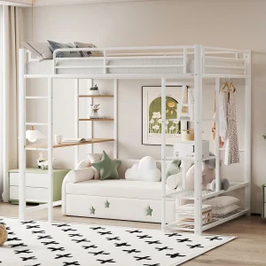 Hoogslaper kind 90×200 cm van wit metaal met bureau, trap en plank, lattenbodem inbegrepen, zonder matras Hoogslaper kind 90×200 cm van wit metaal met bureau, trap en plank, lattenbodem inbegrepen, zonder matras