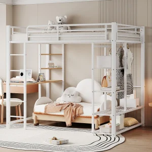 Hoogslaper kind 140×200 cm van wit metaal met bureau, trap en plank, lattenbodem inbegrepen, zonder matras Hoogslaper kind 140×200 cm van wit metaal met bureau, trap en plank, lattenbodem inbegrepen, zonder matras