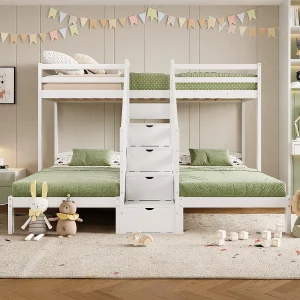 Hoogslaper voor 3 kinderen – 3 x 90 x 200 cm – met 4 opbergruimtes in de trap – Grenen + MDF – wit Hoogslaper voor 3 kinderen – 3 x 90 x 200 cm – met 4 opbergruimtes in de trap – Grenen + MDF – wit