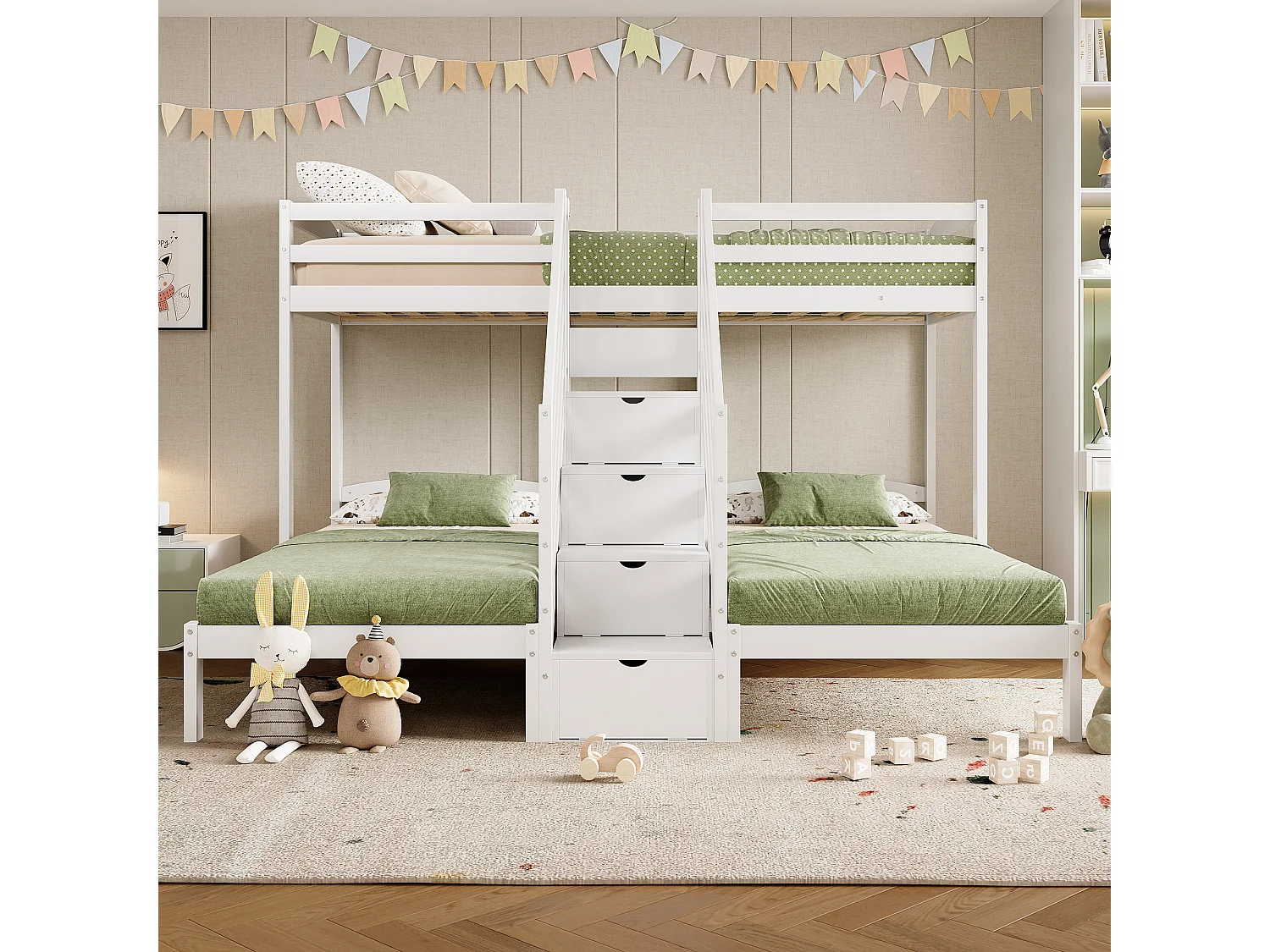 Hoogslaper voor 3 kinderen - 3 x 90 x 200 cm - met 4 opbergruimtes in de trap - Grenen + MDF - wit