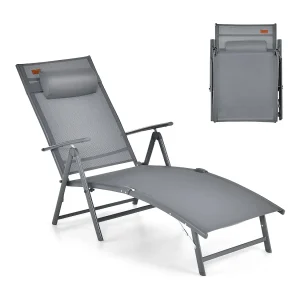 Inklapbare ligstoel, ligstoel met hoofdsteun, 7 verstelbare rugleuningen, klapbed, draagbare ligstoel voor tuin, achtertuin, balkon (grijs)ZB33350