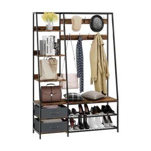 Kapstok met zitbank, garderobe met 6 niveaus, 9 dubbele haken, 2 stoffen commodes en schoenenrek, halgarderobe voor hal en slaapkamer,122 x 40 x 180 cmTG32468 Kapstok met zitbank, garderobe met 6 niveaus, 9 dubbele haken, 2 stoffen commodes en schoenenrek, halgarderobe voor hal en slaapkamer,122 x 40 x 180 cmTG32468