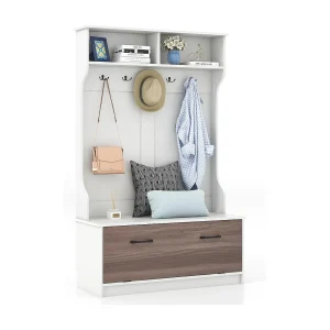 Kapstok met zitbank en 5 dubbele haken, garderobe met open vakken en schoenenkast, halgarderobe voor entree, slaapkamer, 100 x 40 x 160 cm (wit)TG32660 Kapstok met zitbank en 5 dubbele haken, garderobe met open vakken en schoenenkast, halgarderobe voor entree, slaapkamer, 100 x 40 x 160 cm (wit)TG32660