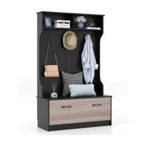 Kapstok met zitbank en 5 dubbele haken, garderobe met open vakken en schoenenkast, halgarderobe voor entree, slaapkamer, 100 x 40 x 160 cm (zwart)TG32660 Kapstok met zitbank en 5 dubbele haken, garderobe met open vakken en schoenenkast, halgarderobe voor entree, slaapkamer, 100 x 40 x 160 cm (zwart)TG32660