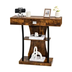 Houten consoletafel, met laden en metalen frame en 2 planken, smalle gangtafel, bijzettafel met kantelbeveiliging, voor entree en woonkamer (vintage)