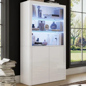 Hoge salonbuffet 100x35x170 cm – vitrines met LED-verlichting – blad van gehard glas – Wit Hoge salonbuffet 100x35x170 cm – vitrines met LED-verlichting – blad van gehard glas – Wit
