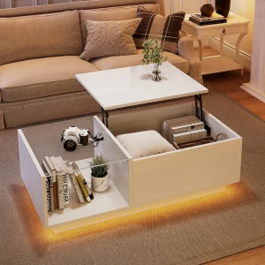 Hoogglanz salontafel – hoogte verstelbaar – met opbergruimte + planken – wit Hoogglanz salontafel – hoogte verstelbaar – met opbergruimte + planken – wit
