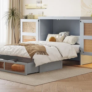Inklapbed 140×200 cm – met lades – van massief hout – met lattenbodem – grijs (matras niet inbegrepen)