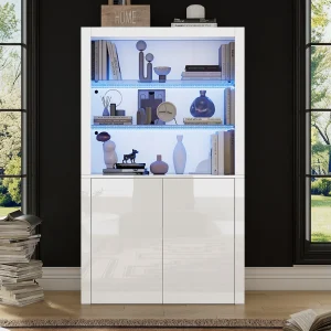 Hoog salontafel – 100 x 35 x 170 cm – 2 deuren + LED's + gehard glazen blad – MDF + gehard glas – wit Hoog salontafel – 100 x 35 x 170 cm – 2 deuren + LED's + gehard glazen blad – MDF + gehard glas – wit