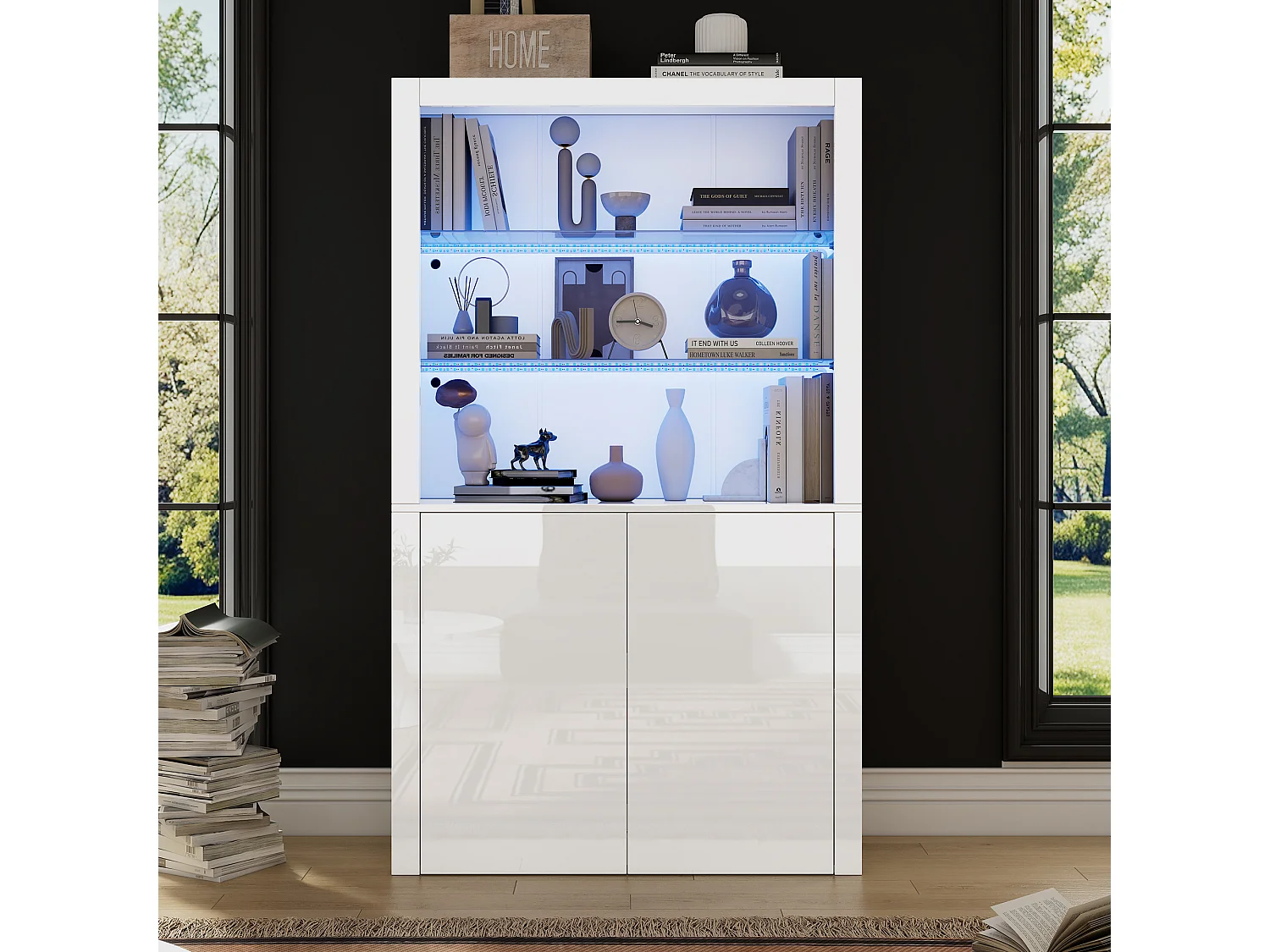 Hoog salontafel - 100 x 35 x 170 cm - 2 deuren + LED's + gehard glazen blad - MDF + gehard glas - wit