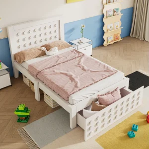Houten eenpersoonsbed – 90 x 200 cm – creatief blokdesign – met lattenbodem + 1 lade – massief hout + MDF – wit Houten eenpersoonsbed – 90 x 200 cm – creatief blokdesign – met lattenbodem + 1 lade – massief hout + MDF – wit
