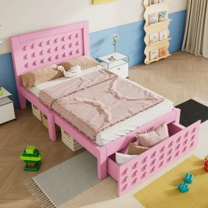 Houten eenpersoonsbed – 90 x 200 cm – creatief blokdesign – met lattenbodem + 1 lade – massief hout + MDF – roze Houten eenpersoonsbed – 90 x 200 cm – creatief blokdesign – met lattenbodem + 1 lade – massief hout + MDF – roze