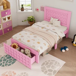 Houten eenpersoonsbed – 90 x 190 cm – creatief blokdesign – met lattenbodem + 1 lade – massief hout + MDF – roze Houten eenpersoonsbed – 90 x 190 cm – creatief blokdesign – met lattenbodem + 1 lade – massief hout + MDF – roze