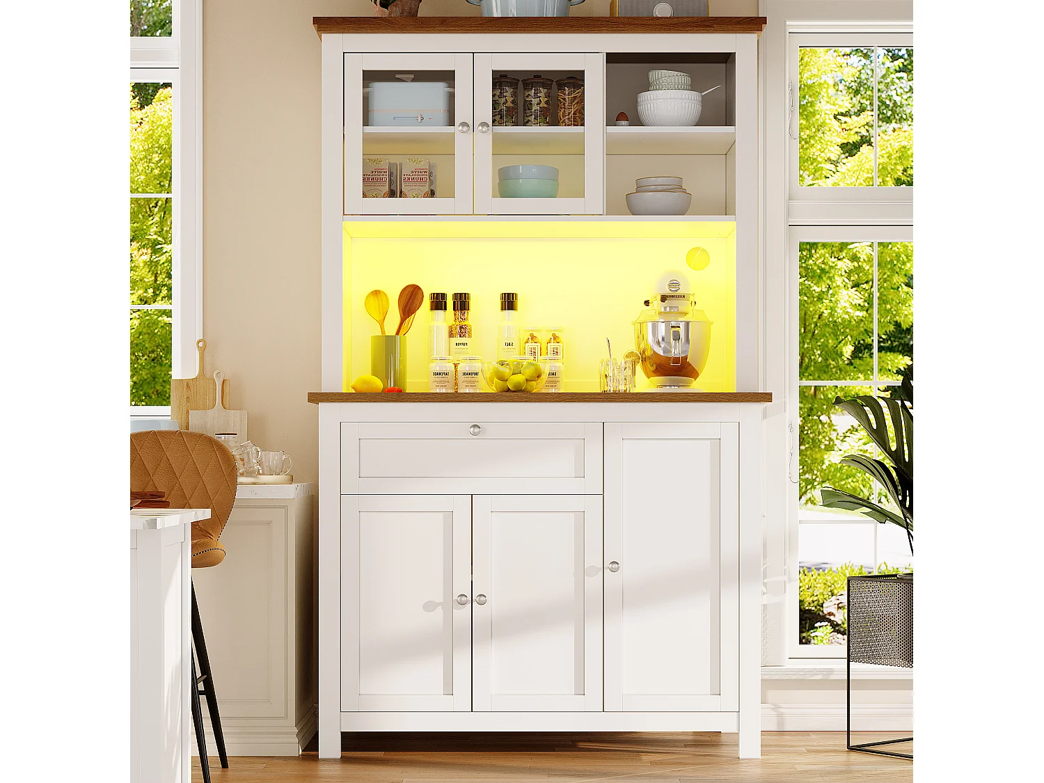 Hoge keukenkast - 104 x 40 x 180 cm - met verstelbare planken + LED's + 5 deuren + 1 lade - Metaal + MDF - wit