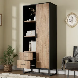 Hoge dressoir met 1 deur, 2 lades en 3 open planken, zwart en eiken