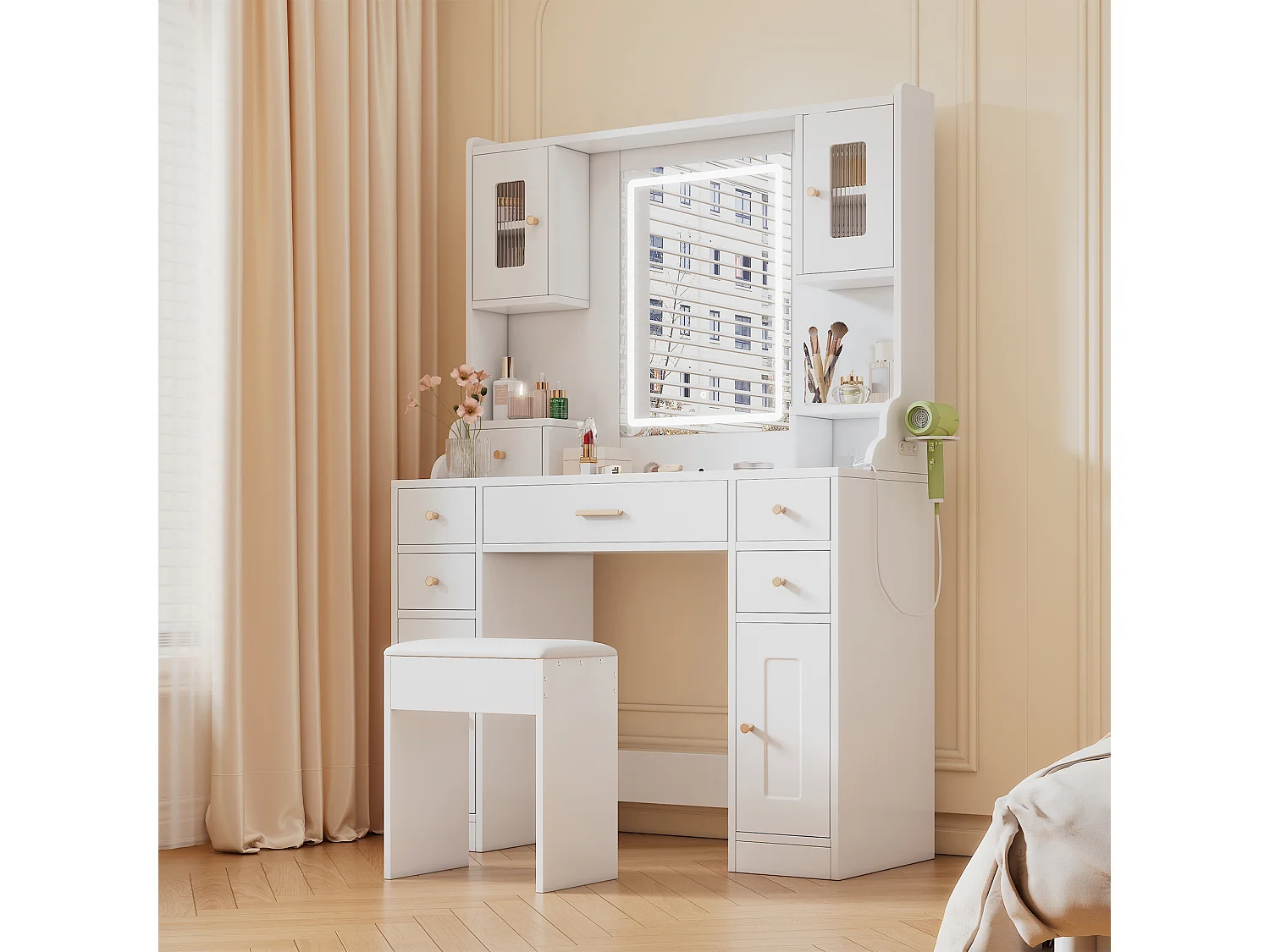 Kaptafelset - 105 x 40 x 152 cm - Make-uptafel met LED-verlichting + spiegel + kruk + 6 lades + 4 deuren - MDF - Wit