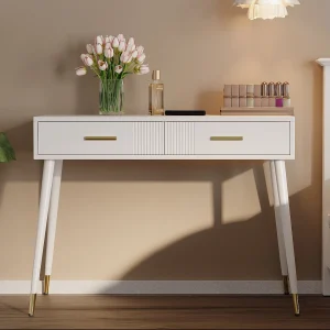 Kaptafel – 100 x 40 x 76 cm – bureau met 2 lades – metalen poten – MDF – wit (zonder spiegel) Kaptafel – 100 x 40 x 76 cm – bureau met 2 lades – metalen poten – MDF – wit (zonder spiegel)