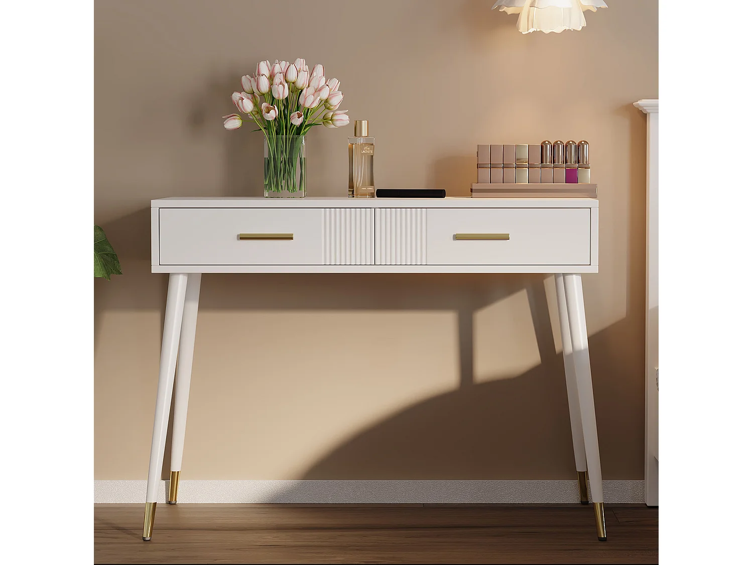 Kaptafel - 100 x 40 x 76 cm - bureau met 2 lades - metalen poten - MDF - wit (zonder spiegel)