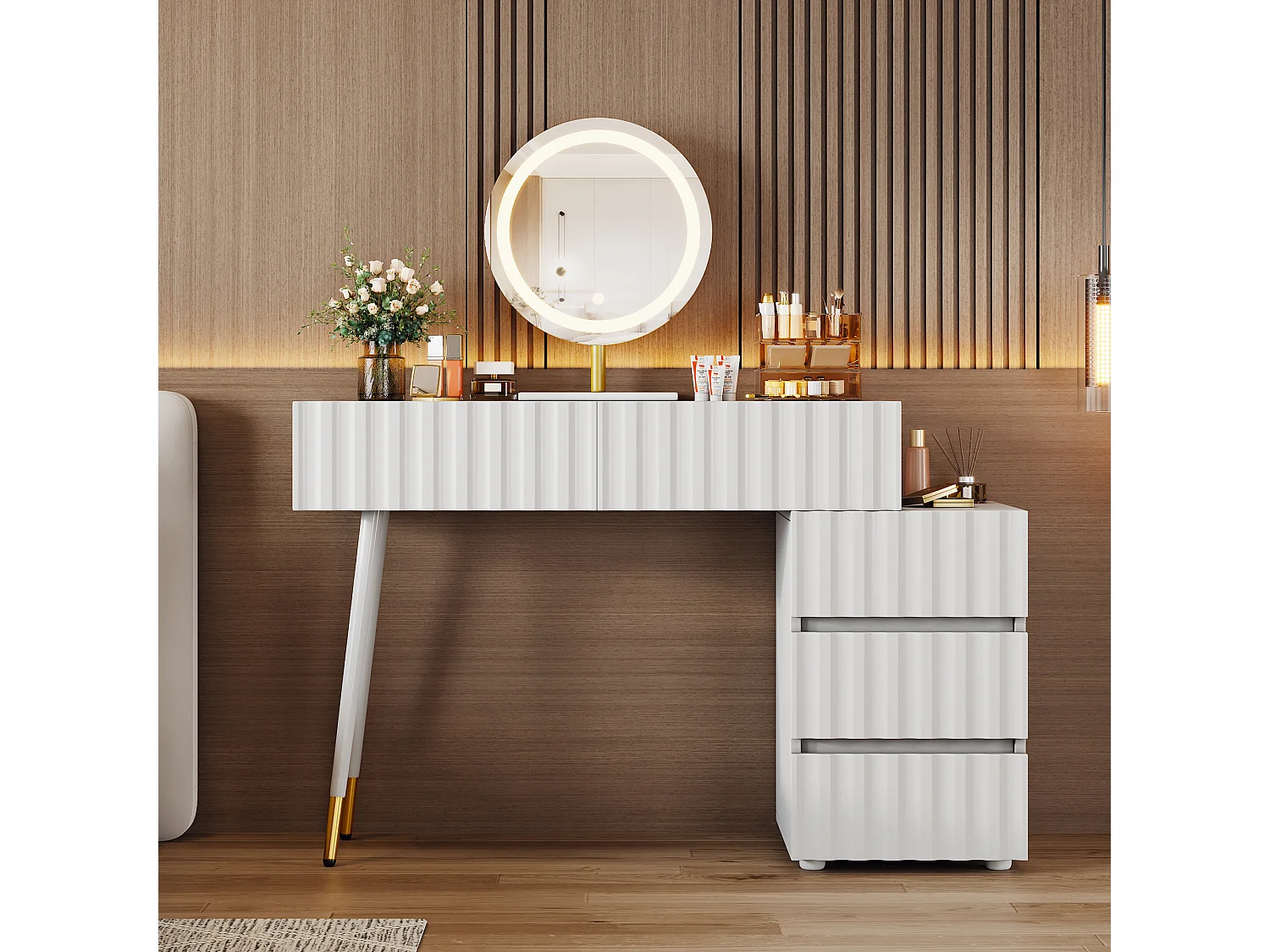 Kaptafelset - 135 x 40 x 127 cm - met led-spiegel + 5 lades - voor slaapkamer - MDF - wit (zonder kruk)